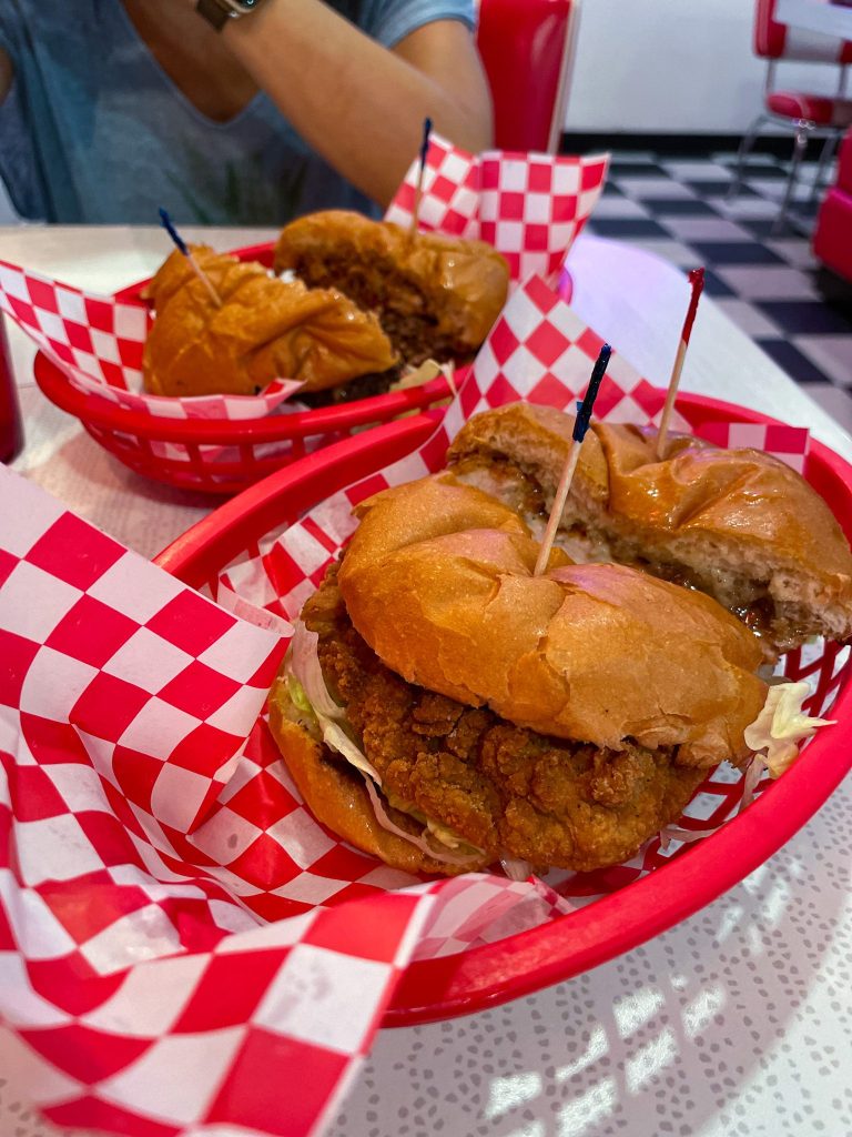 Honey dill chicken burger with lettuce and pickles at Dreamland Diner Winnipeg